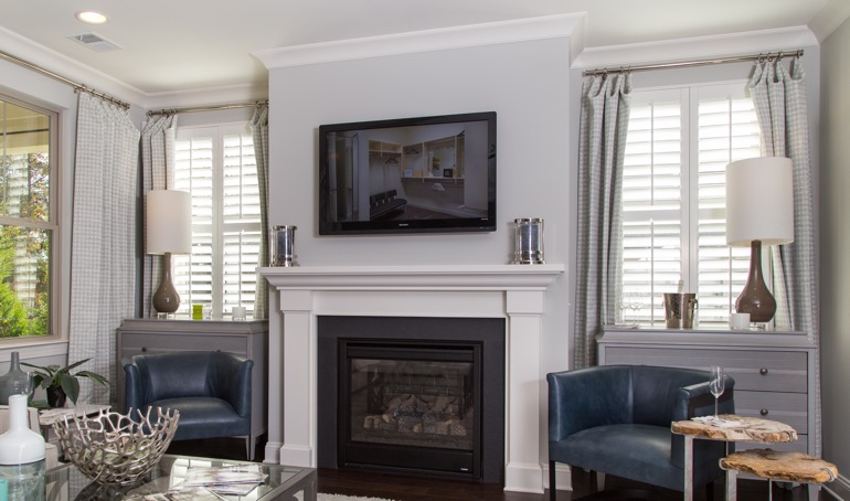 Virginia Beach fireplace with white shutters.
